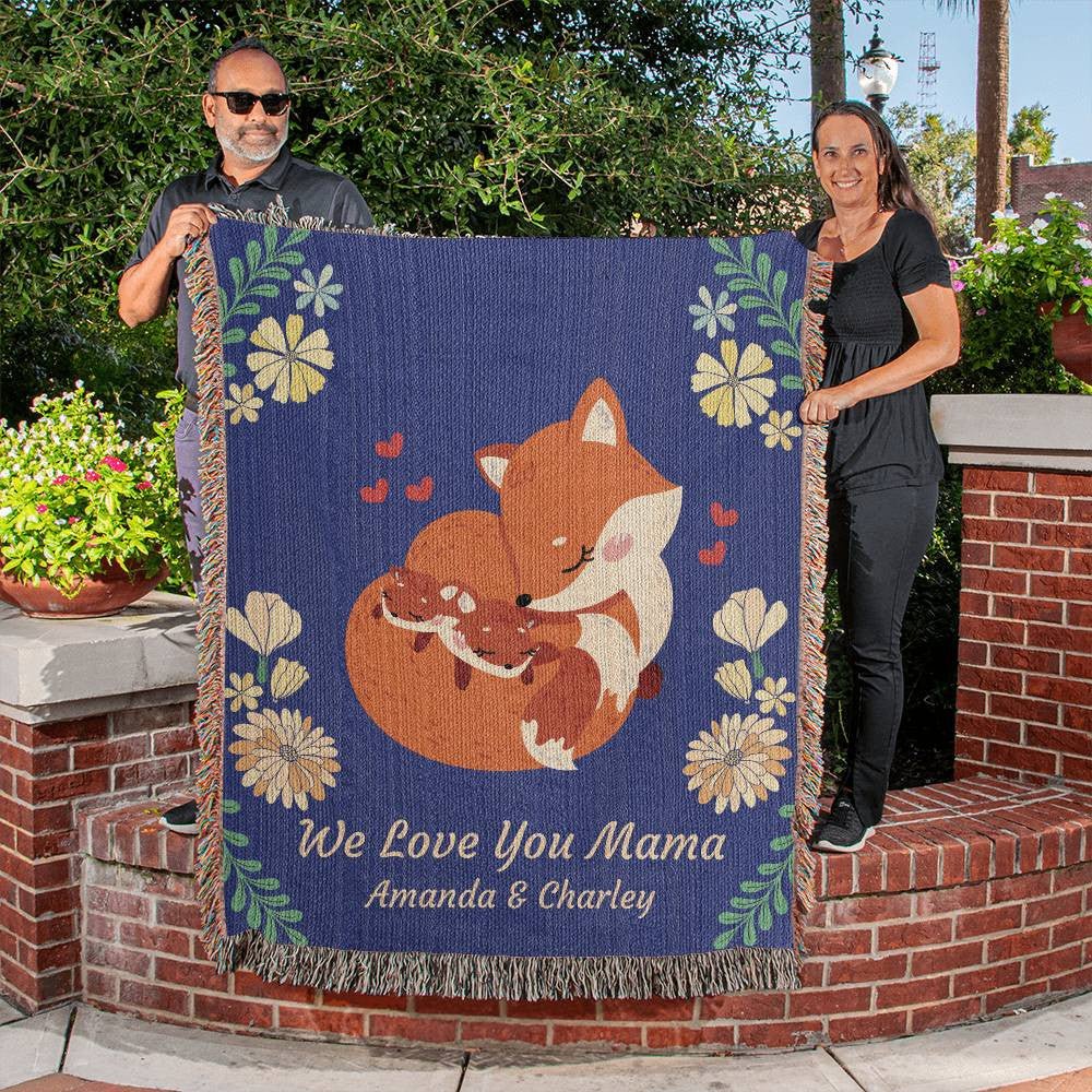 I Love You Mama Fox Personalized Woven Blanket in Blue - Get Deerty