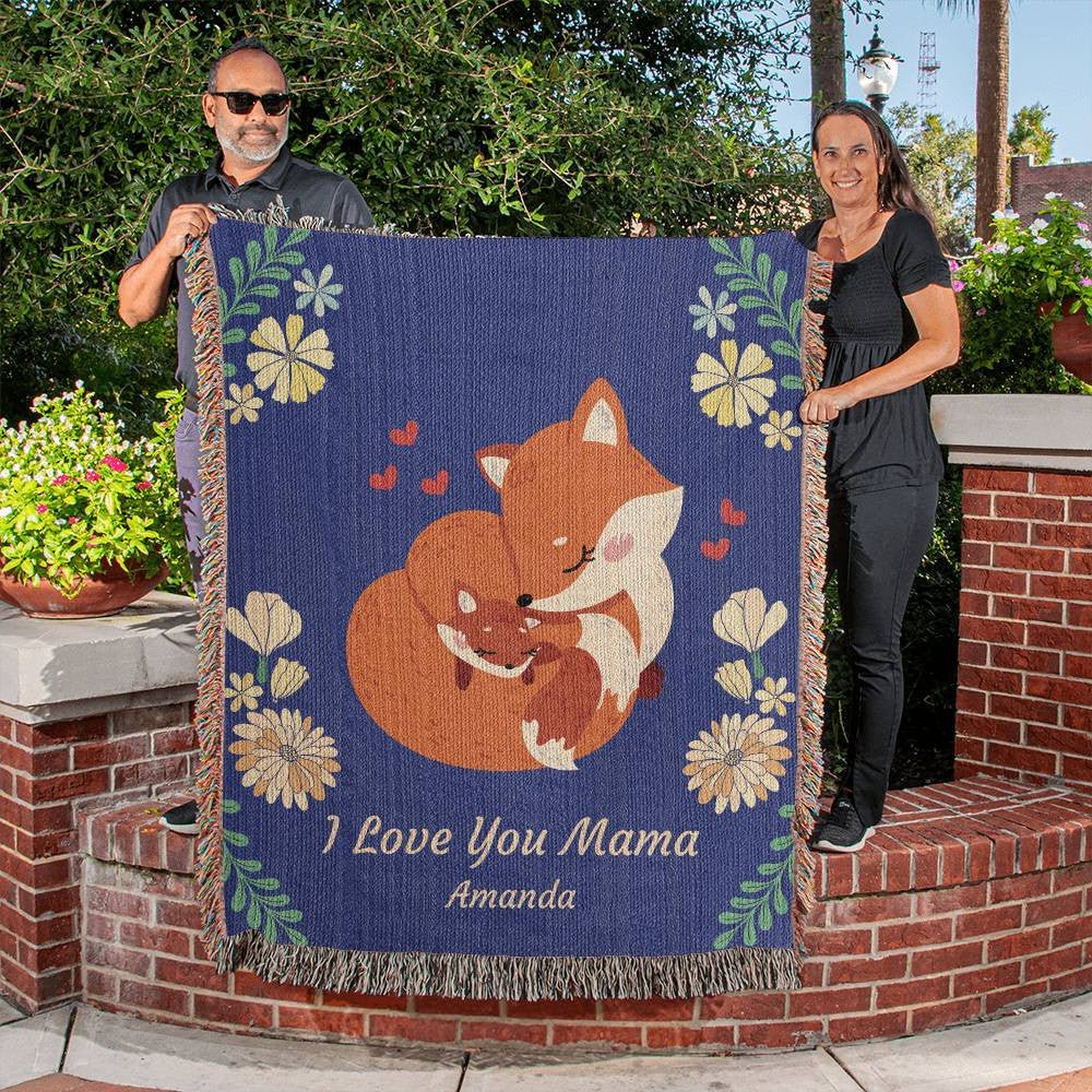 I Love You Mama Fox Personalized Woven Blanket in Blue - Get Deerty