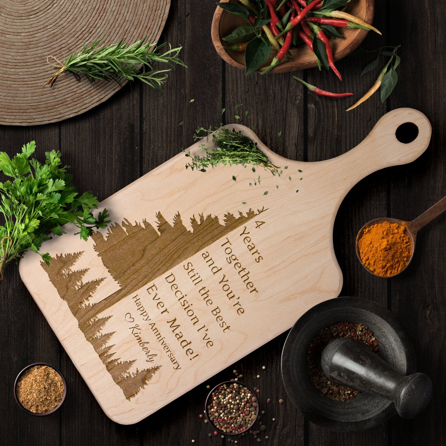 Personalized Anniversary Tree Love Note Hardwood Paddle Cutting Board - Get Deerty