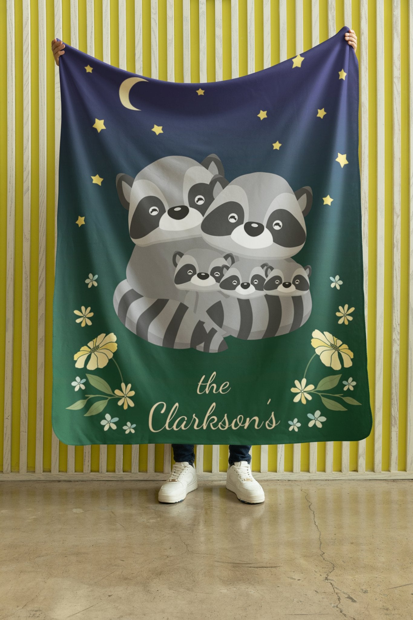 Raccoon Family Personalized Sherpa Blanket, Customize Number of Kiddos and Family Name - Get Deerty