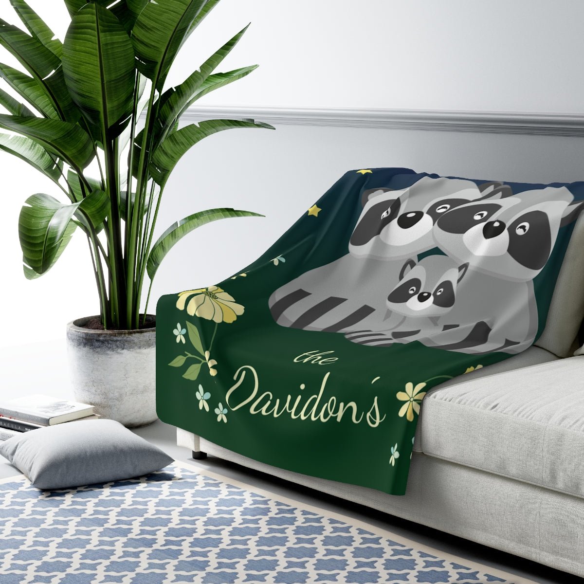 Raccoon Family Personalized Sherpa Blanket, Customize Number of Kiddos and Family Name - Get Deerty