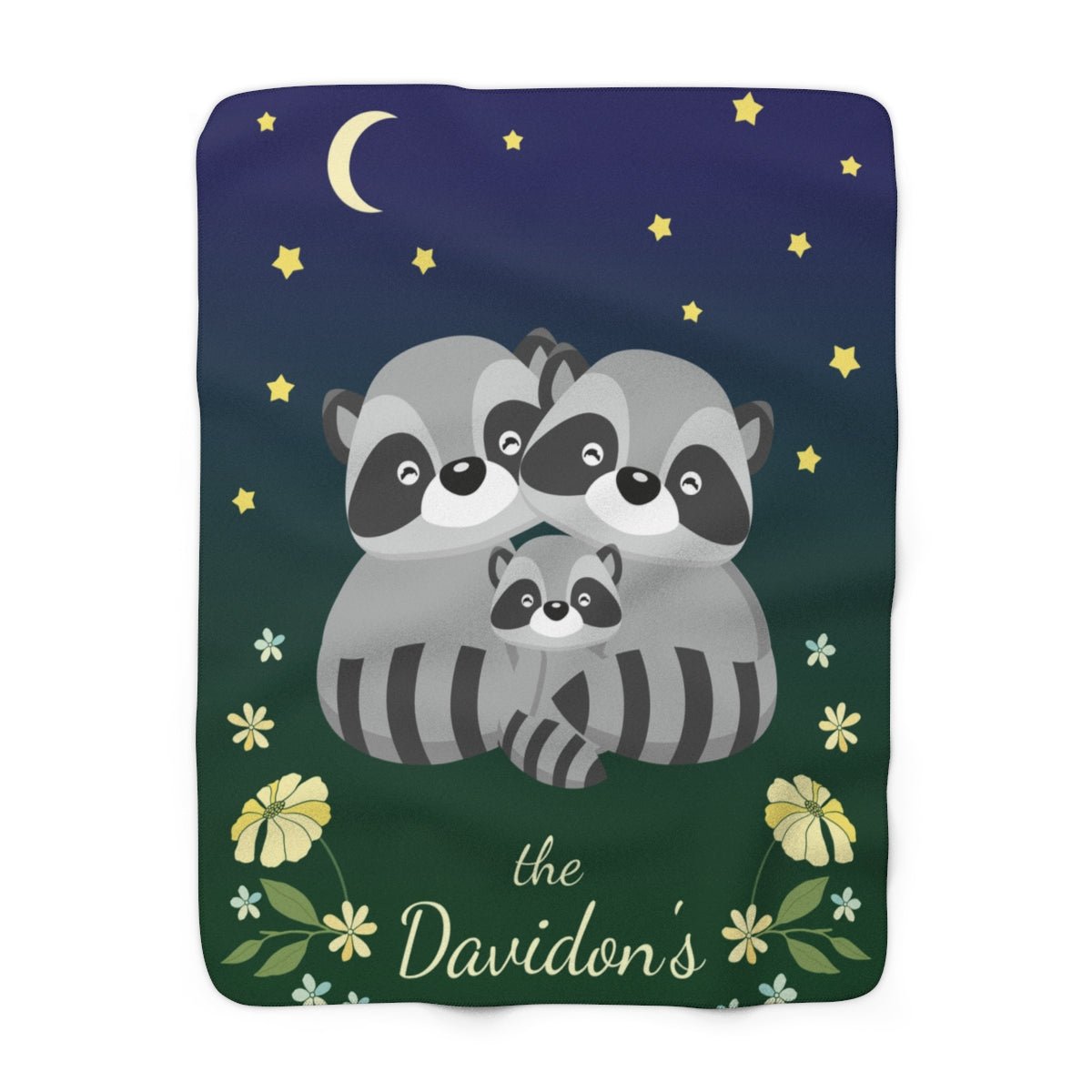 Raccoon Family Personalized Sherpa Blanket, Customize Number of Kiddos and Family Name - Get Deerty