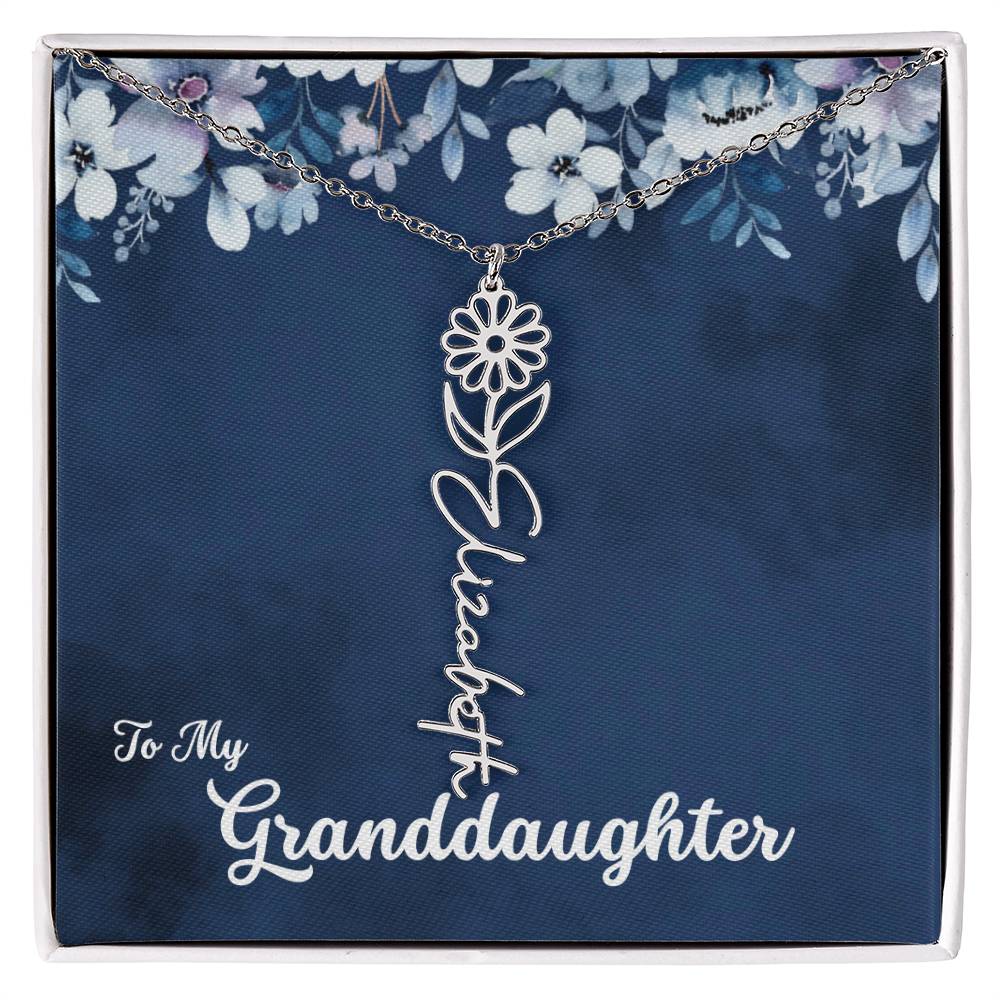 To My Granddaughter Necklace, Personalize with Name and Birth Flower Month | Navy with Soft Blue Flowers - Get Deerty