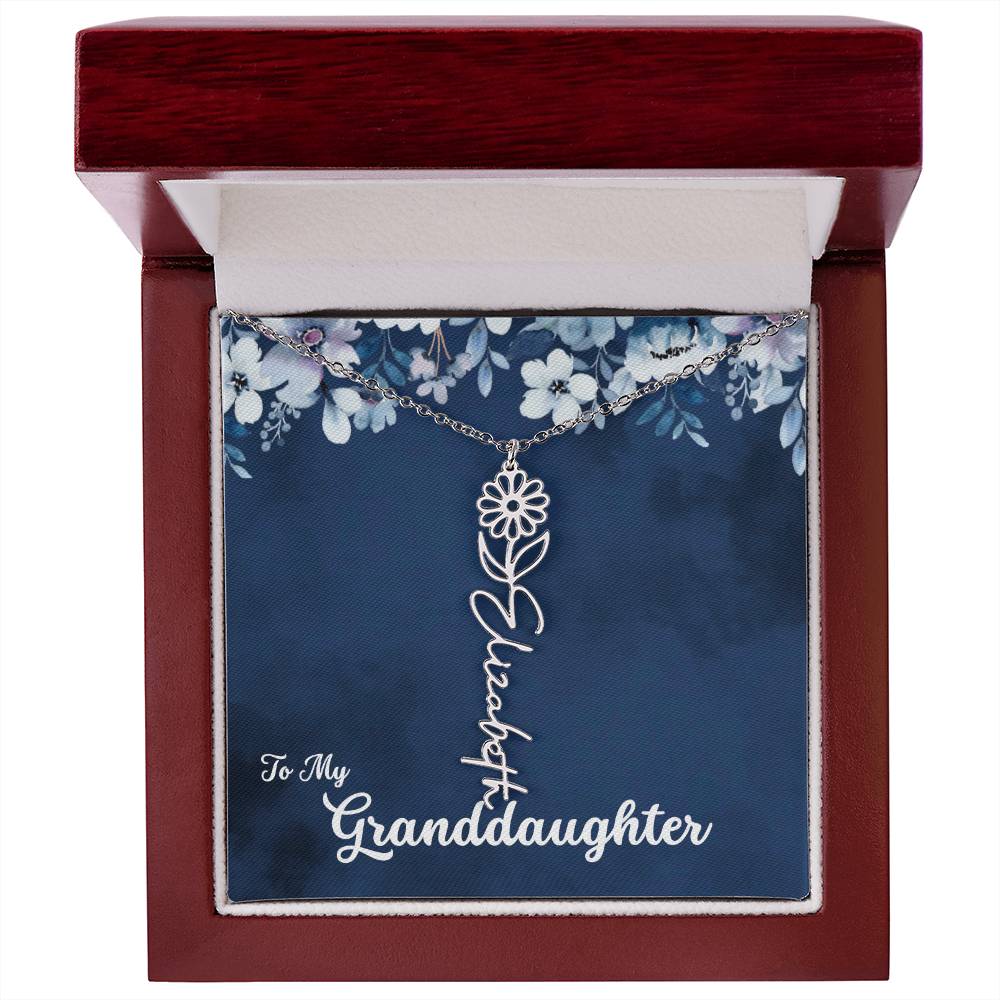 To My Granddaughter Necklace, Personalize with Name and Birth Flower Month | Navy with Soft Blue Flowers - Get Deerty