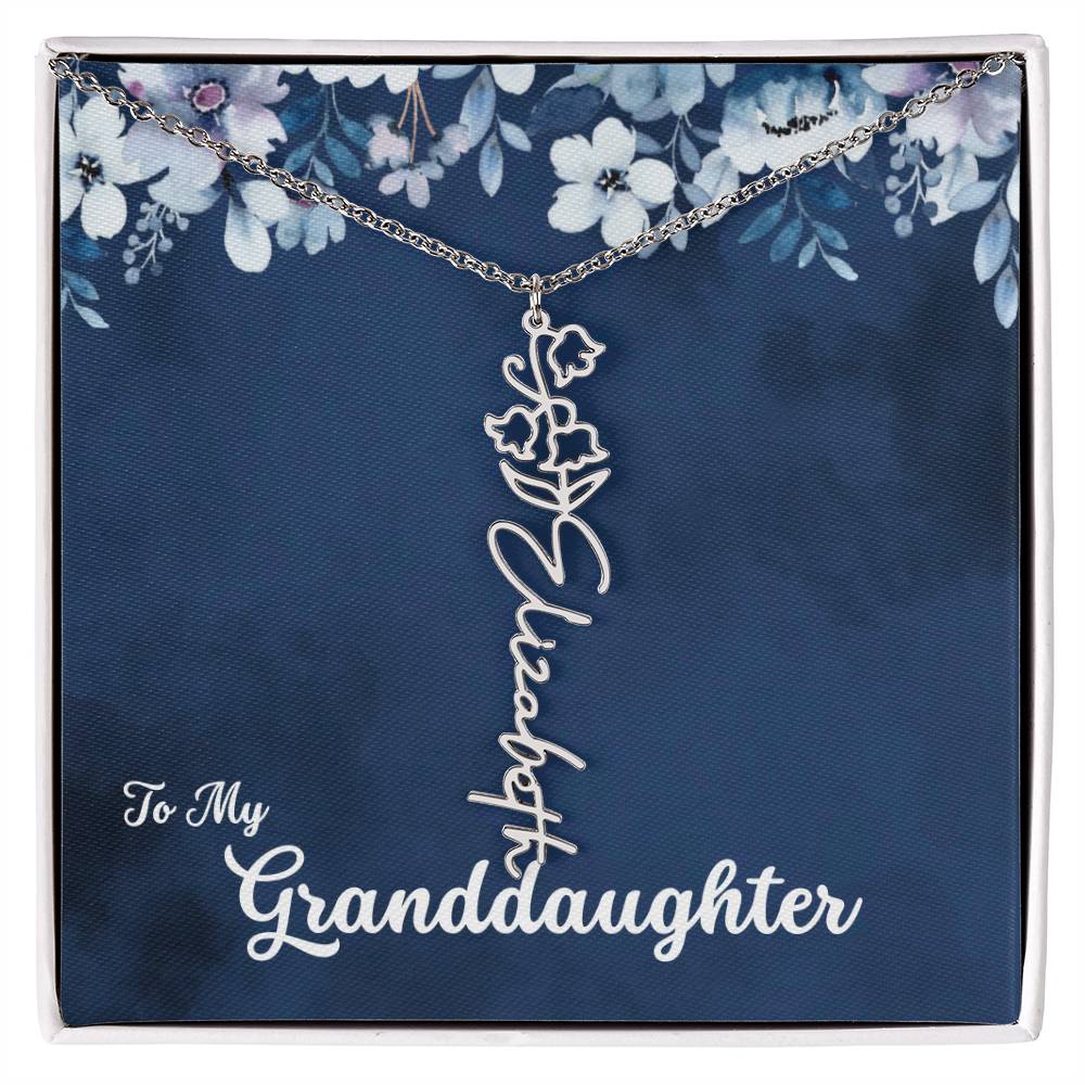 To My Granddaughter Necklace, Personalize with Name and Birth Flower Month | Navy with Soft Blue Flowers - Get Deerty