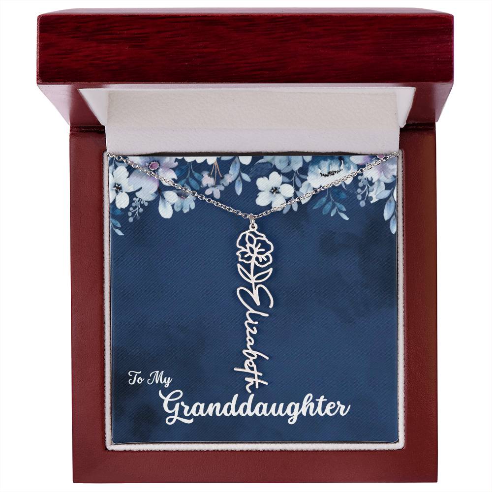 To My Granddaughter Necklace, Personalize with Name and Birth Flower Month | Navy with Soft Blue Flowers - Get Deerty