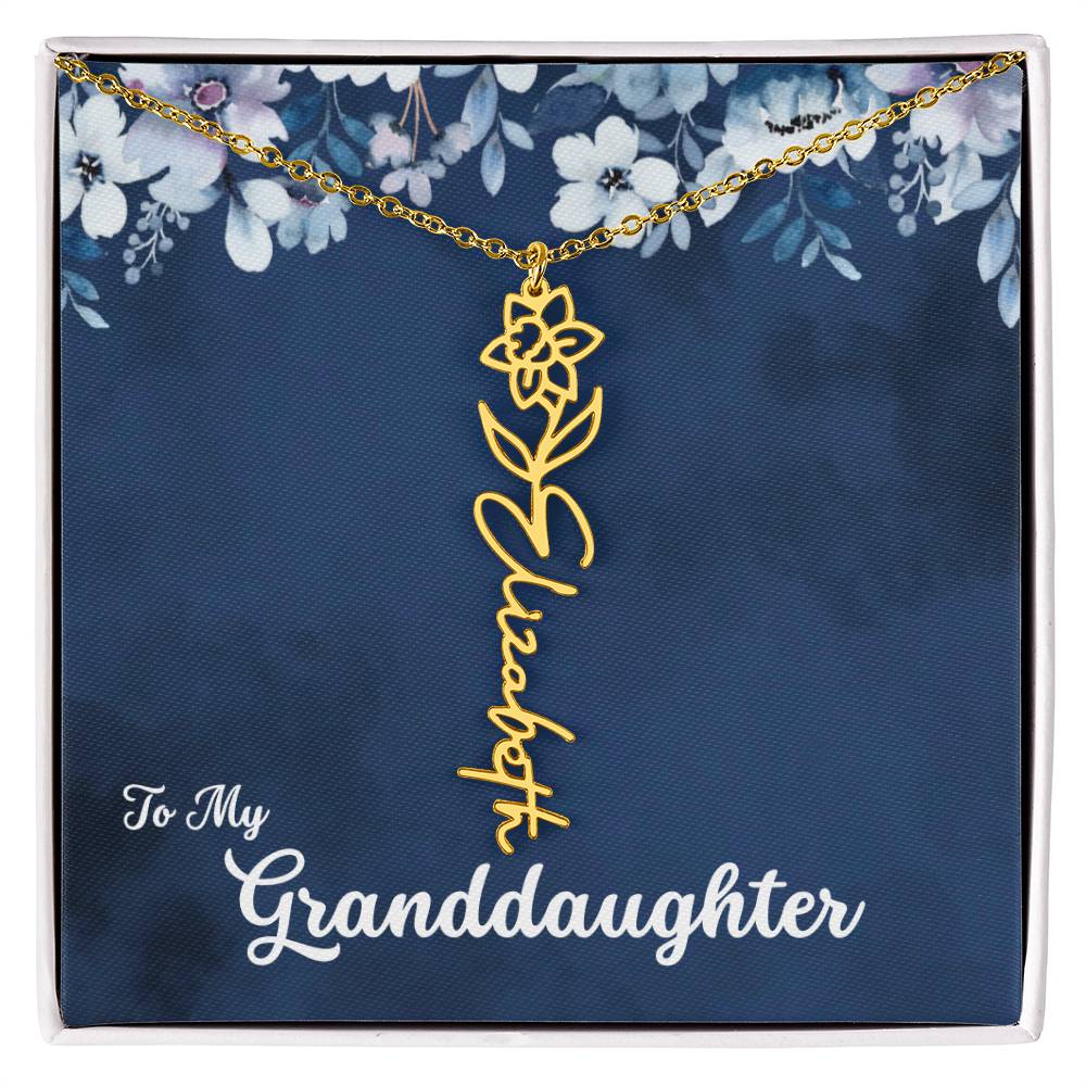 To My Granddaughter Necklace, Personalize with Name and Birth Flower Month | Navy with Soft Blue Flowers - Get Deerty
