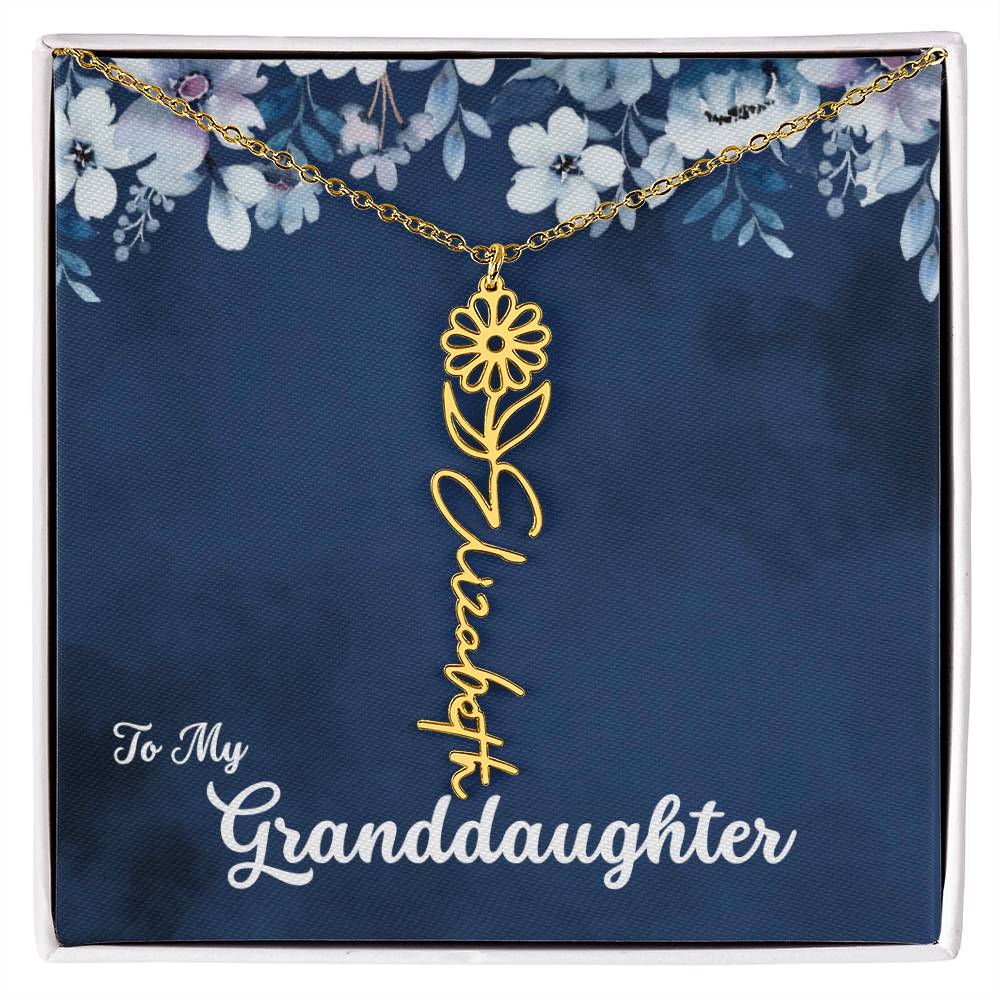 To My Granddaughter Necklace, Personalize with Name and Birth Flower Month | Navy with Soft Blue Flowers - Get Deerty