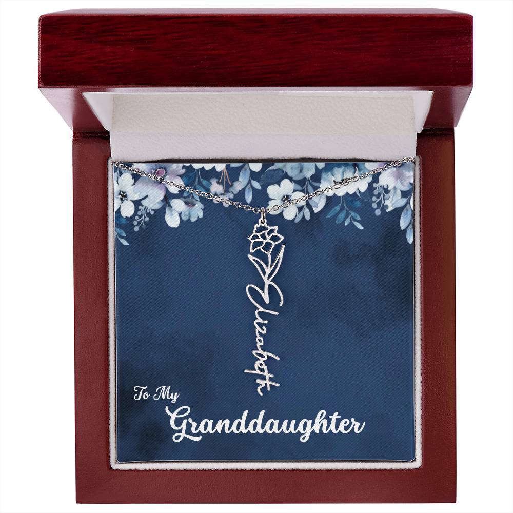 To My Granddaughter Necklace, Personalize with Name and Birth Flower Month | Navy with Soft Blue Flowers - Get Deerty