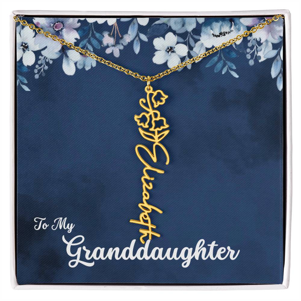 To My Granddaughter Necklace, Personalize with Name and Birth Flower Month | Navy with Soft Blue Flowers - Get Deerty