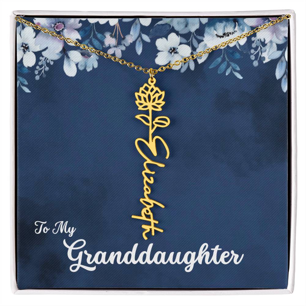 To My Granddaughter Necklace, Personalize with Name and Birth Flower Month | Navy with Soft Blue Flowers - Get Deerty
