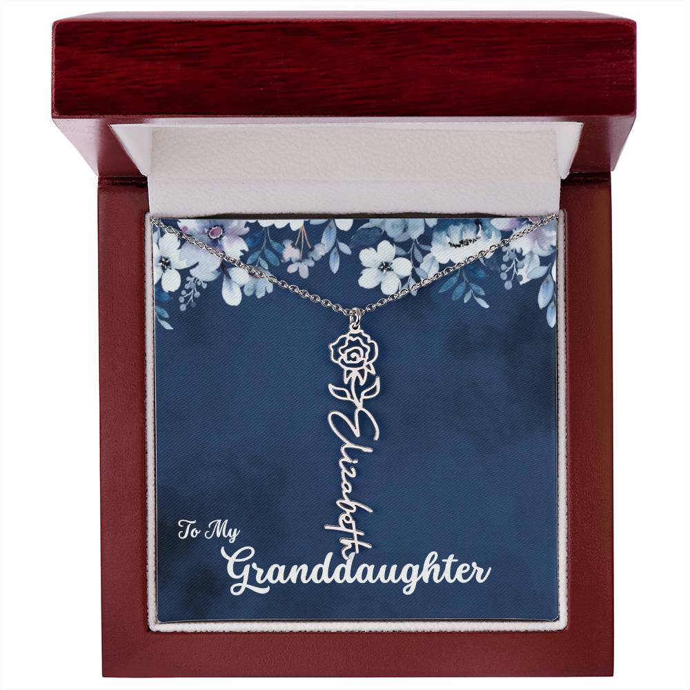 To My Granddaughter Necklace, Personalize with Name and Birth Flower Month | Navy with Soft Blue Flowers - Get Deerty