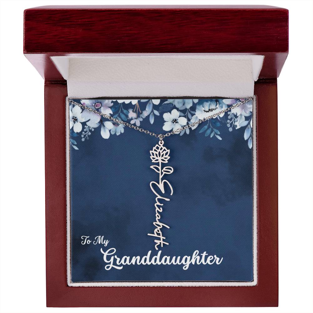 To My Granddaughter Necklace, Personalize with Name and Birth Flower Month | Navy with Soft Blue Flowers - Get Deerty