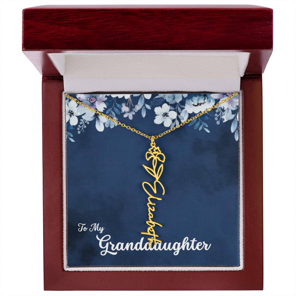 To My Granddaughter Necklace, Personalize with Name and Birth Flower Month | Navy with Soft Blue Flowers - Get Deerty
