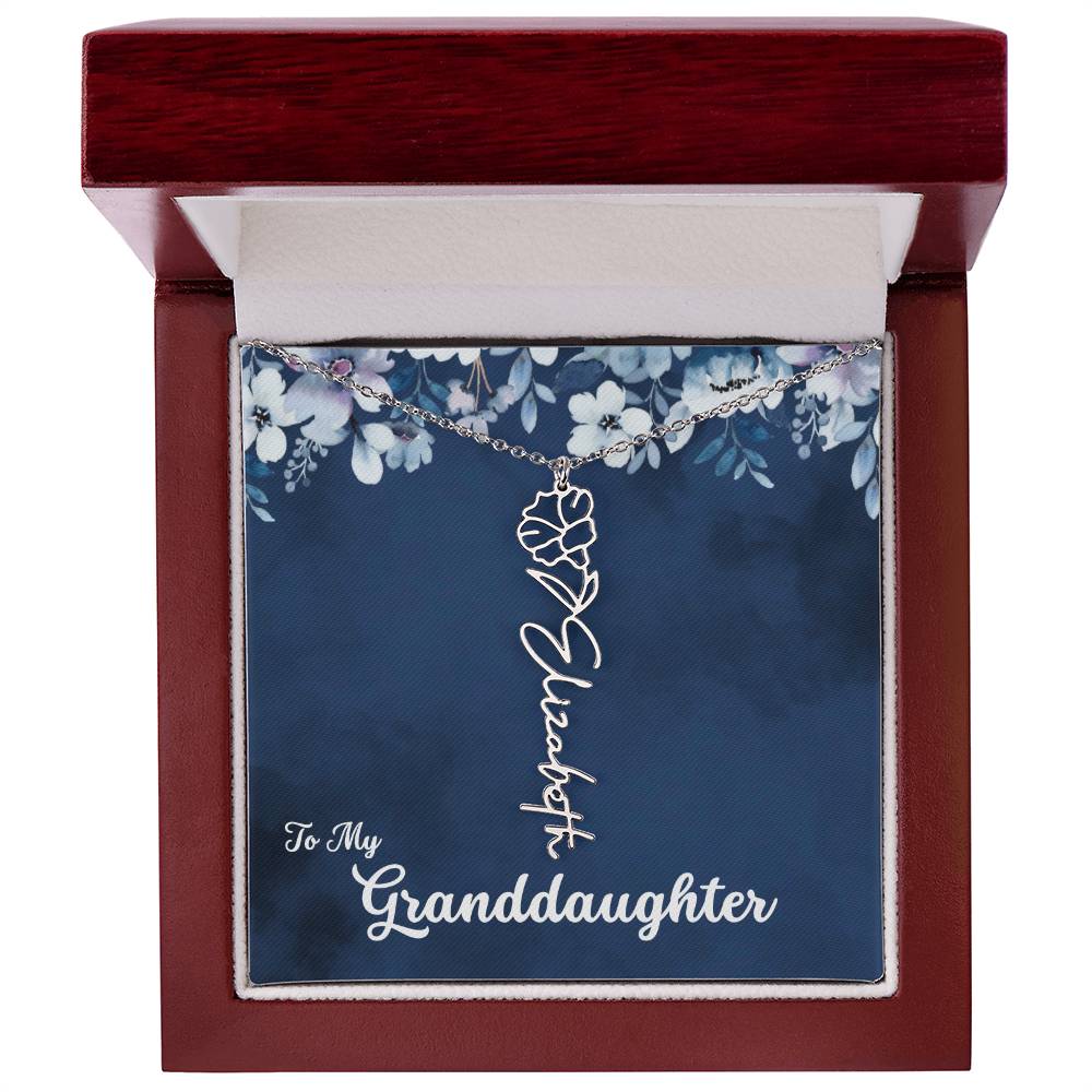To My Granddaughter Necklace, Personalize with Name and Birth Flower Month | Navy with Soft Blue Flowers - Get Deerty
