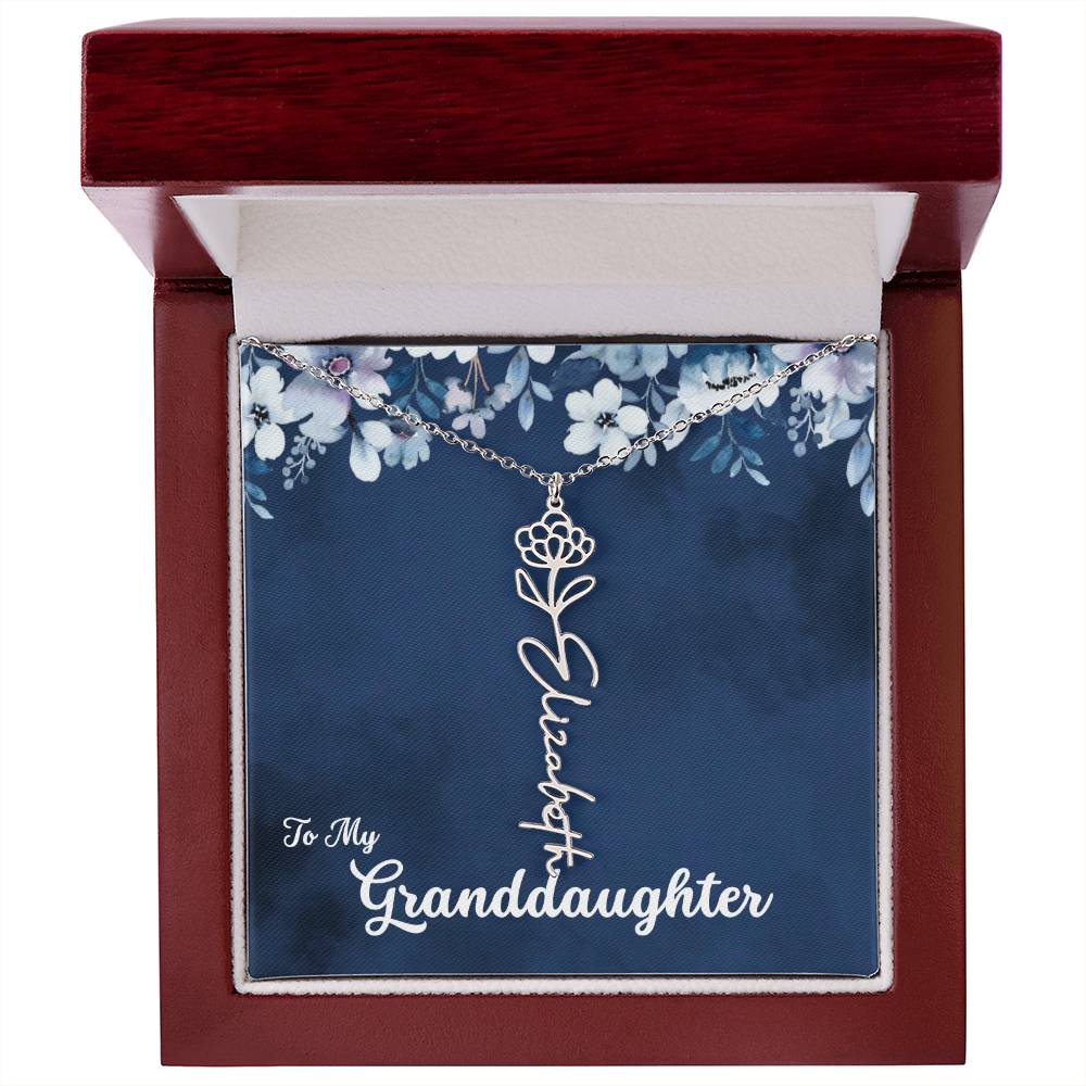 To My Granddaughter Necklace, Personalize with Name and Birth Flower Month | Navy with Soft Blue Flowers - Get Deerty