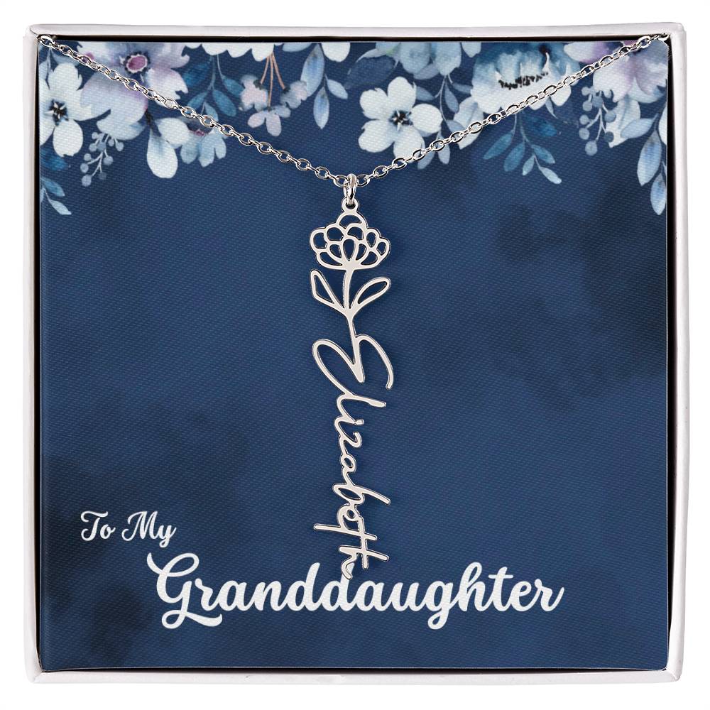 To My Granddaughter Necklace, Personalize with Name and Birth Flower Month | Navy with Soft Blue Flowers - Get Deerty