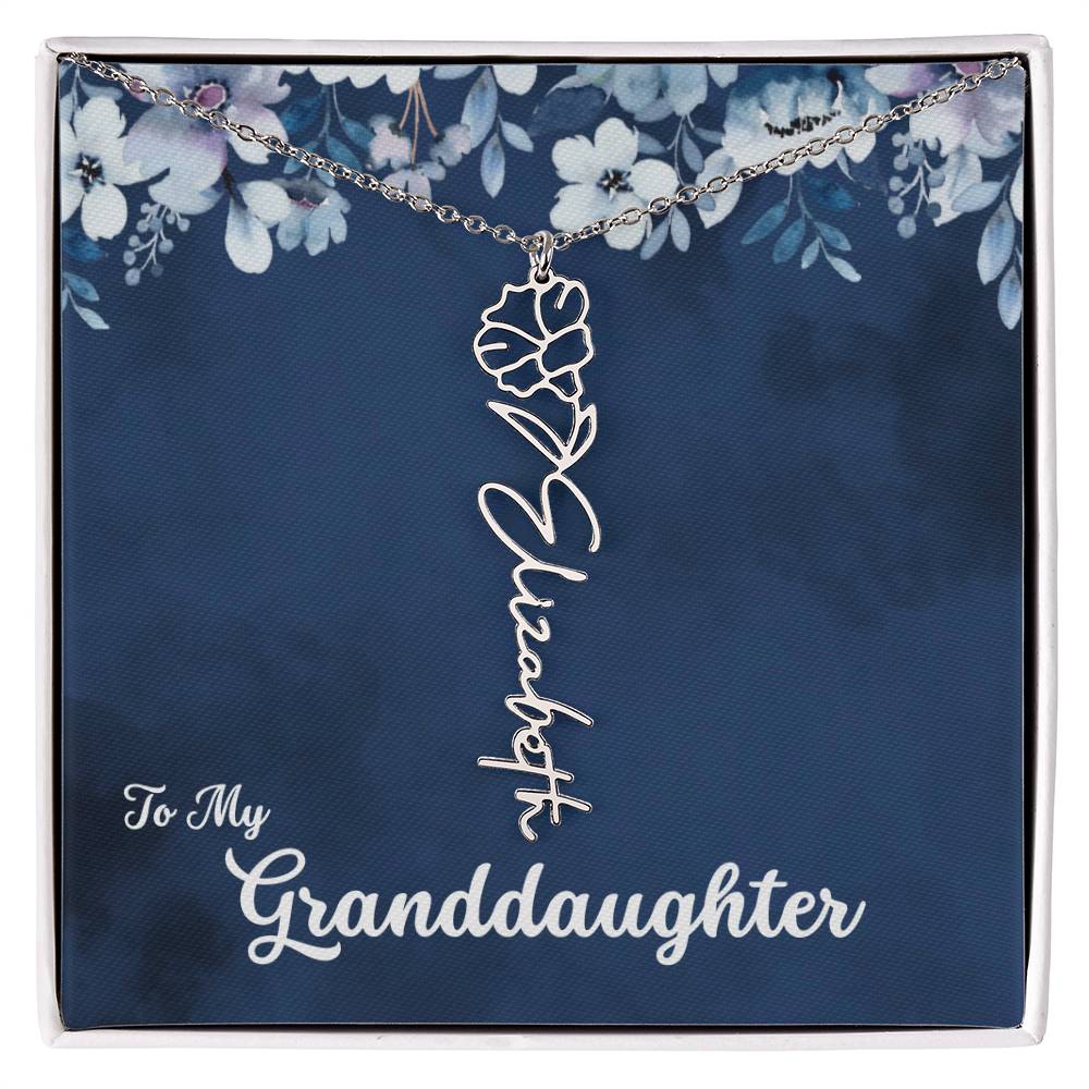 To My Granddaughter Necklace, Personalize with Name and Birth Flower Month | Navy with Soft Blue Flowers - Get Deerty