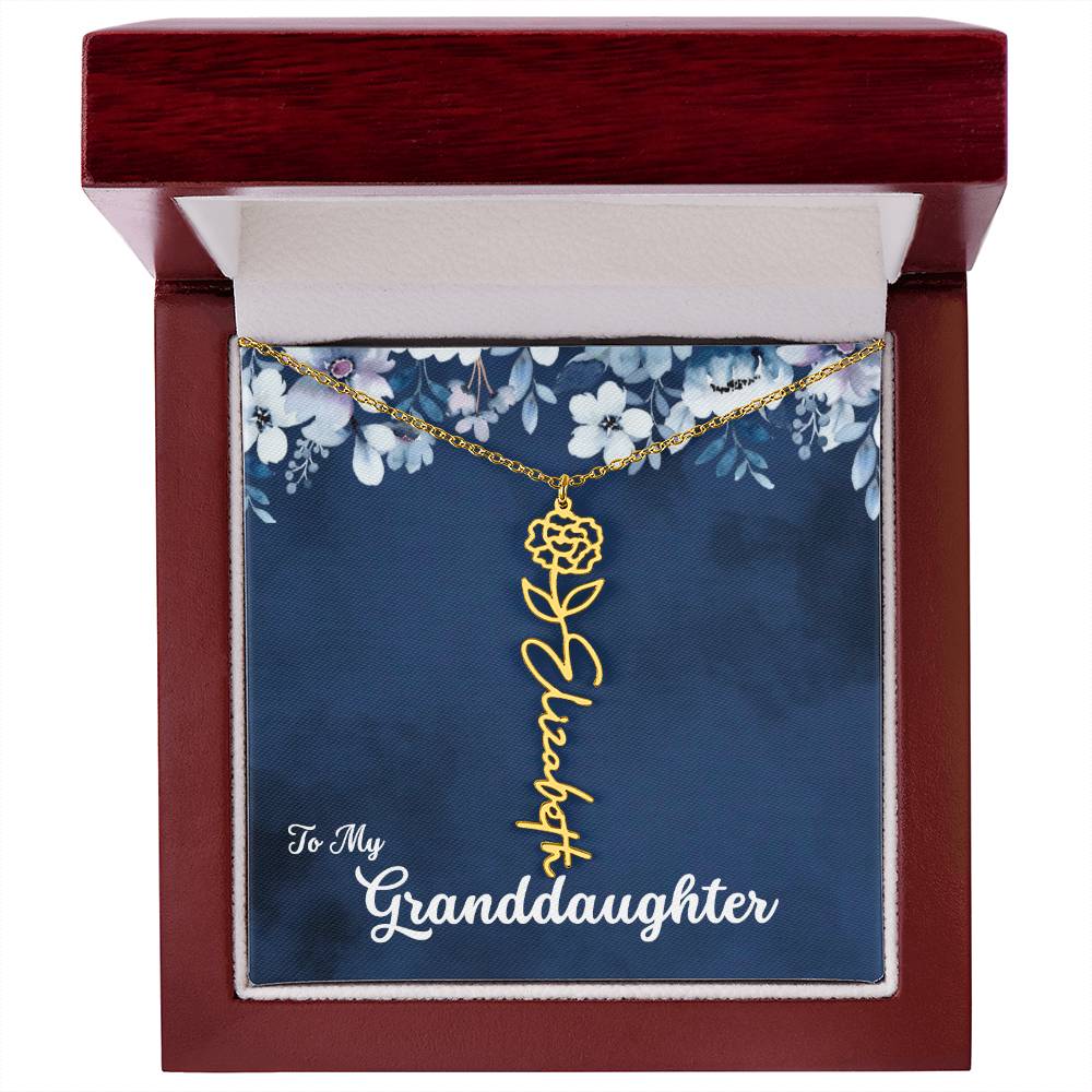 To My Granddaughter Necklace, Personalize with Name and Birth Flower Month | Navy with Soft Blue Flowers - Get Deerty