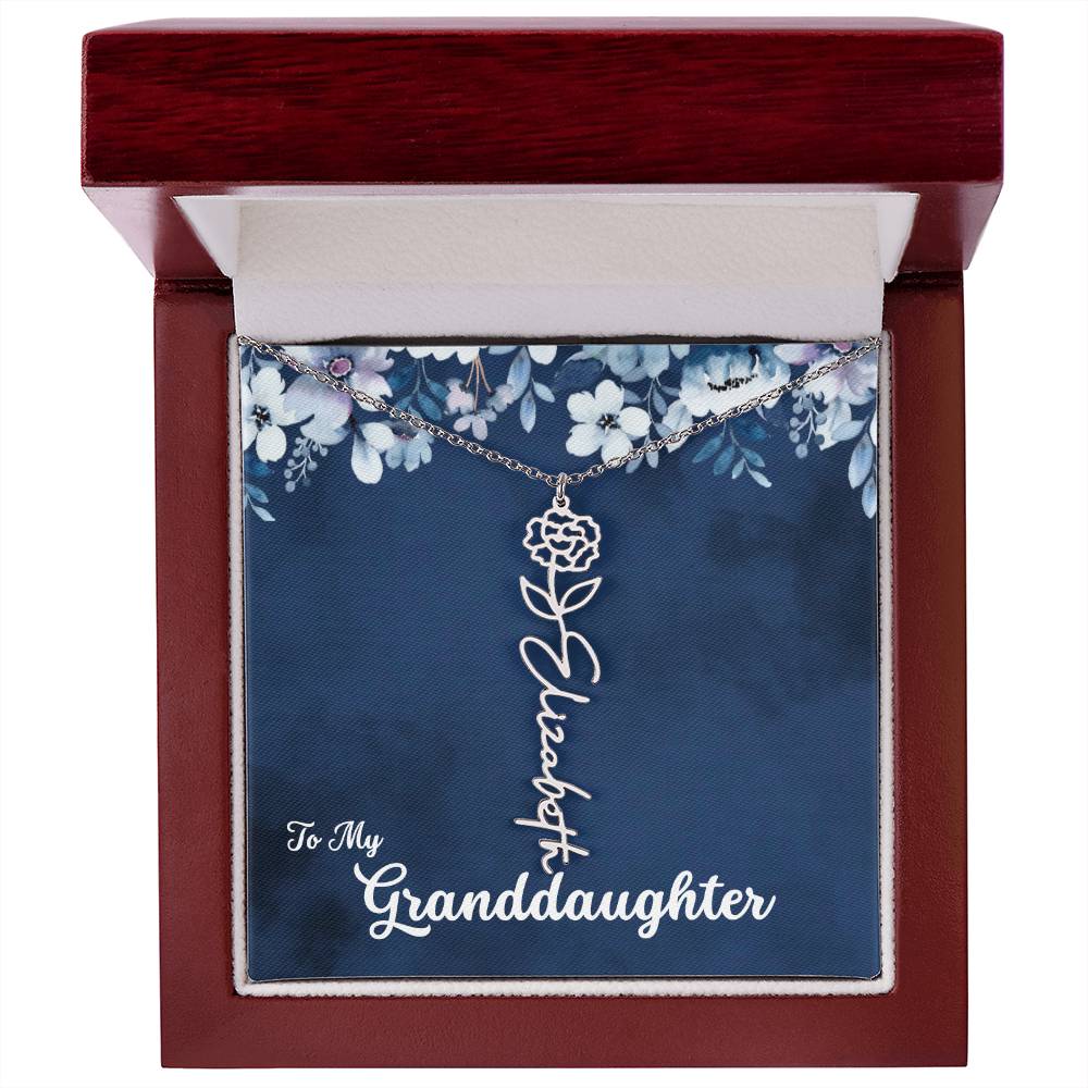 To My Granddaughter Necklace, Personalize with Name and Birth Flower Month | Navy with Soft Blue Flowers - Get Deerty
