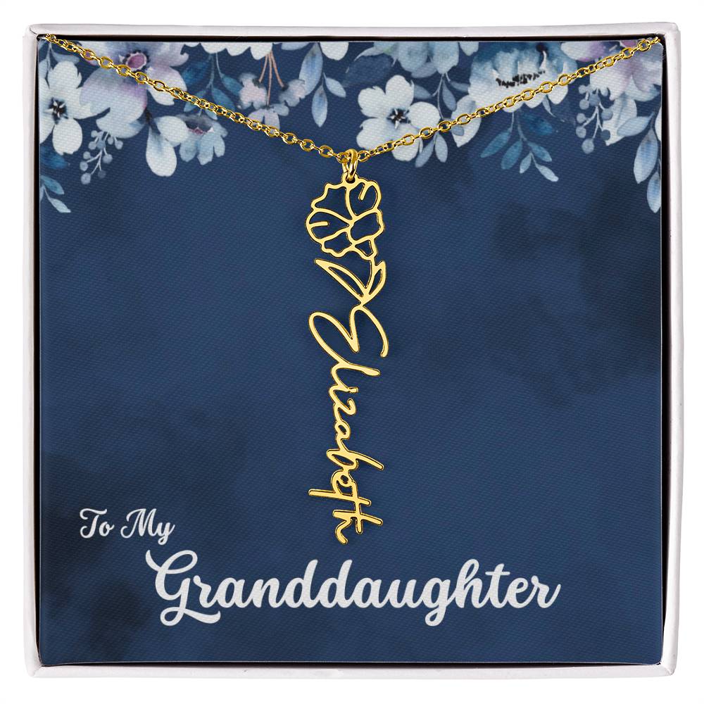 To My Granddaughter Necklace, Personalize with Name and Birth Flower Month | Navy with Soft Blue Flowers - Get Deerty