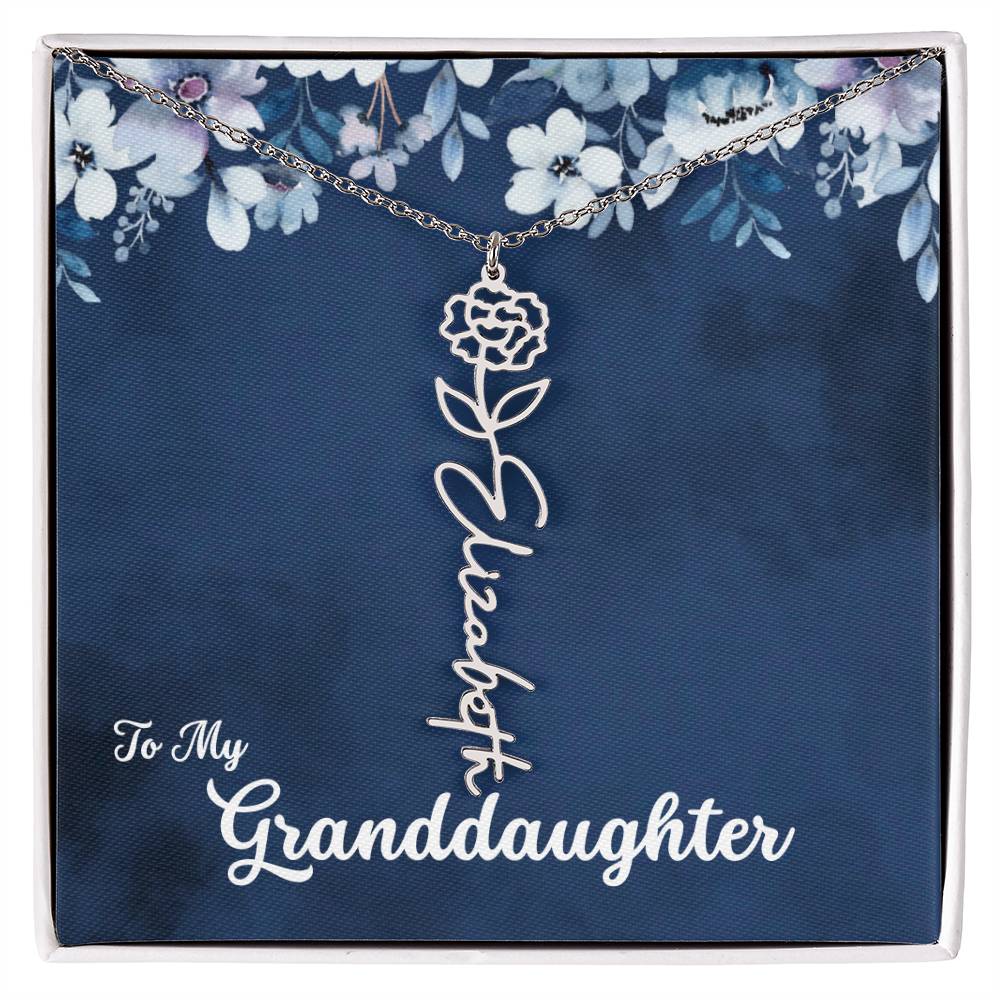 To My Granddaughter Necklace, Personalize with Name and Birth Flower Month | Navy with Soft Blue Flowers - Get Deerty