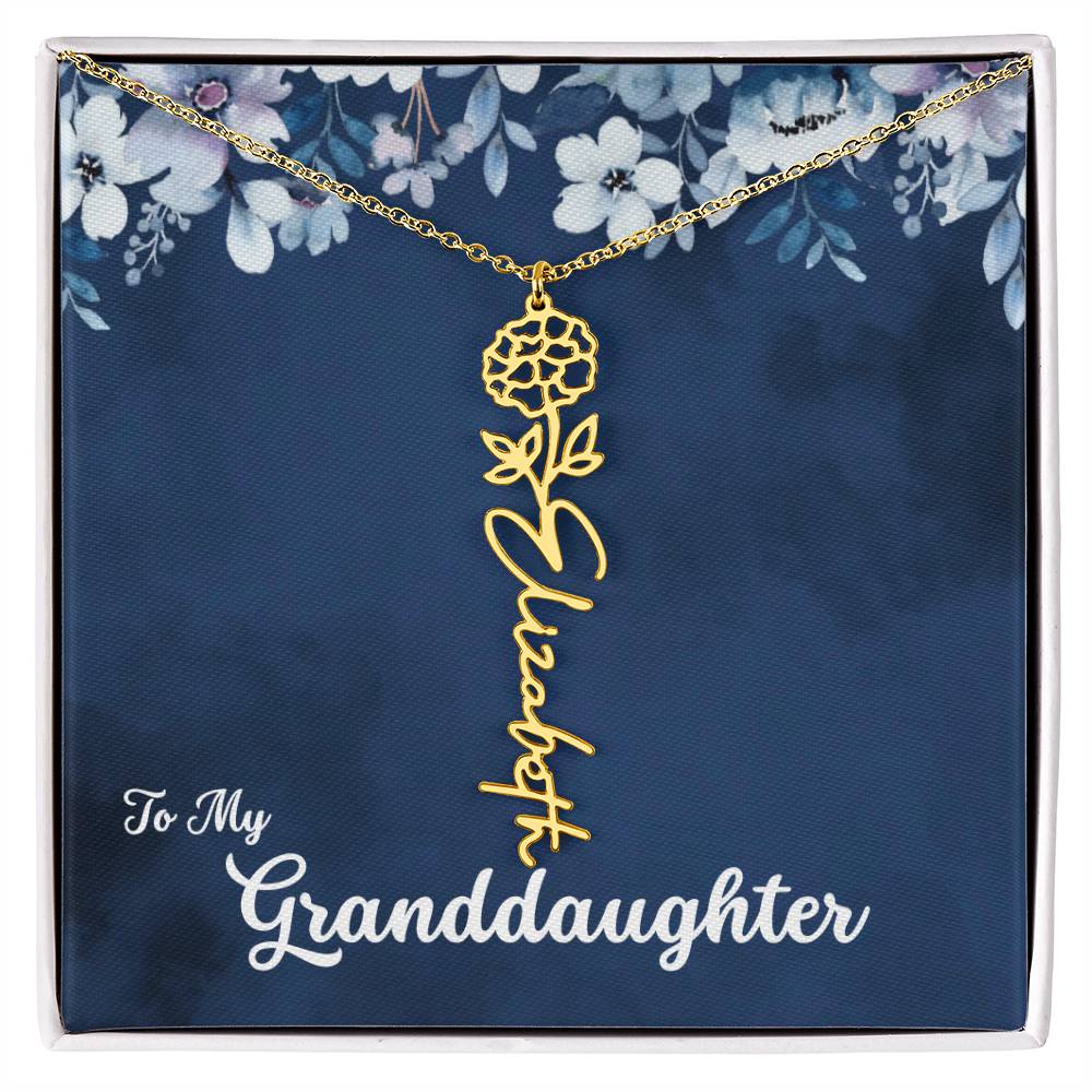 To My Granddaughter Necklace, Personalize with Name and Birth Flower Month | Navy with Soft Blue Flowers - Get Deerty