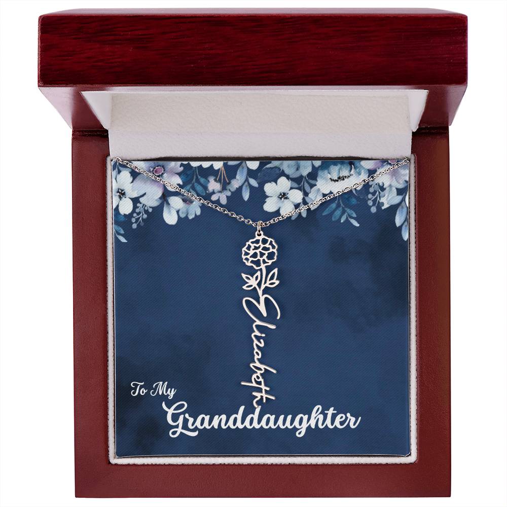 To My Granddaughter Necklace, Personalize with Name and Birth Flower Month | Navy with Soft Blue Flowers - Get Deerty