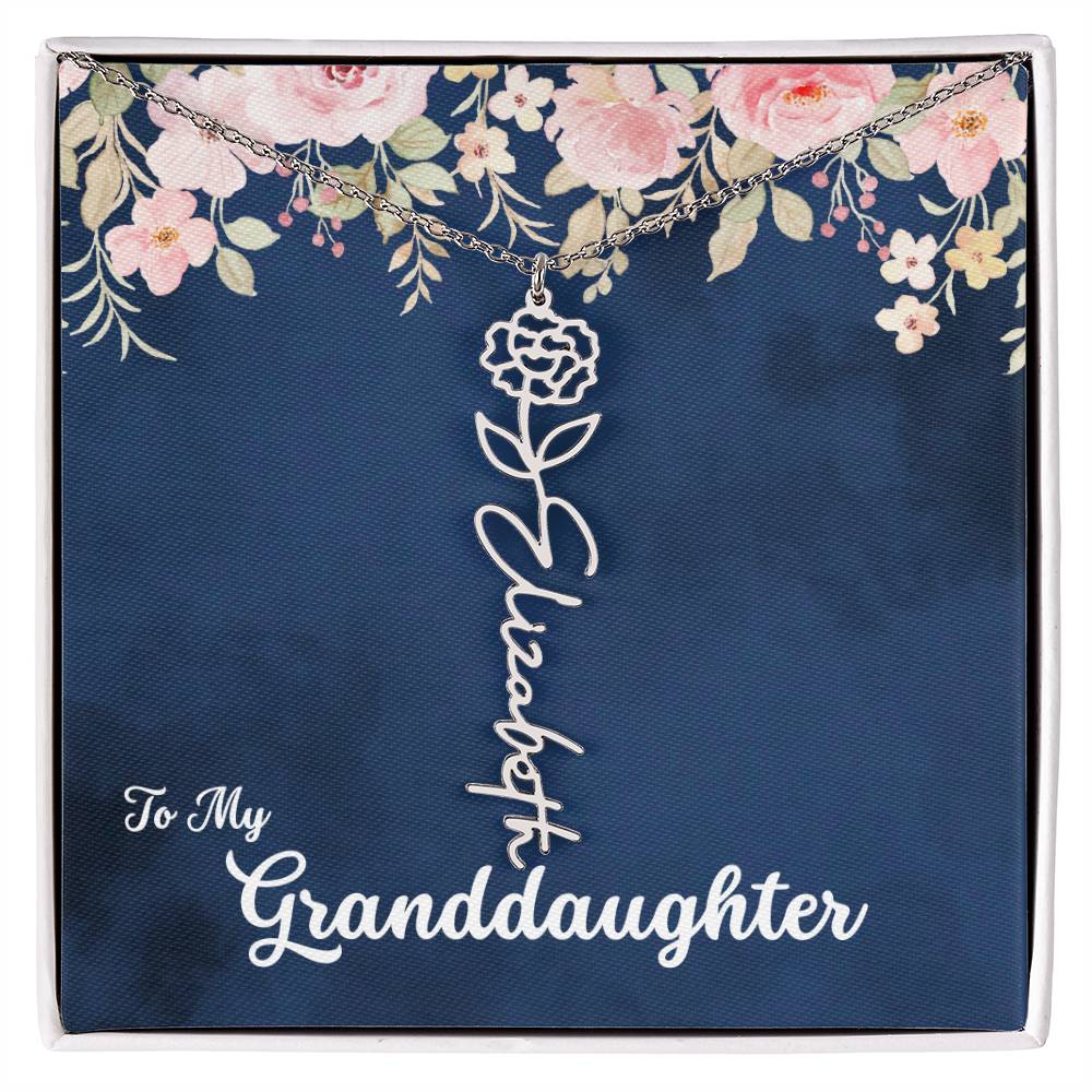 To My Granddaughter Personalized Birth Flower Necklace, Customize with Birth Month Flower and Name - Navy with Soft Pink Flowers - Get Deerty