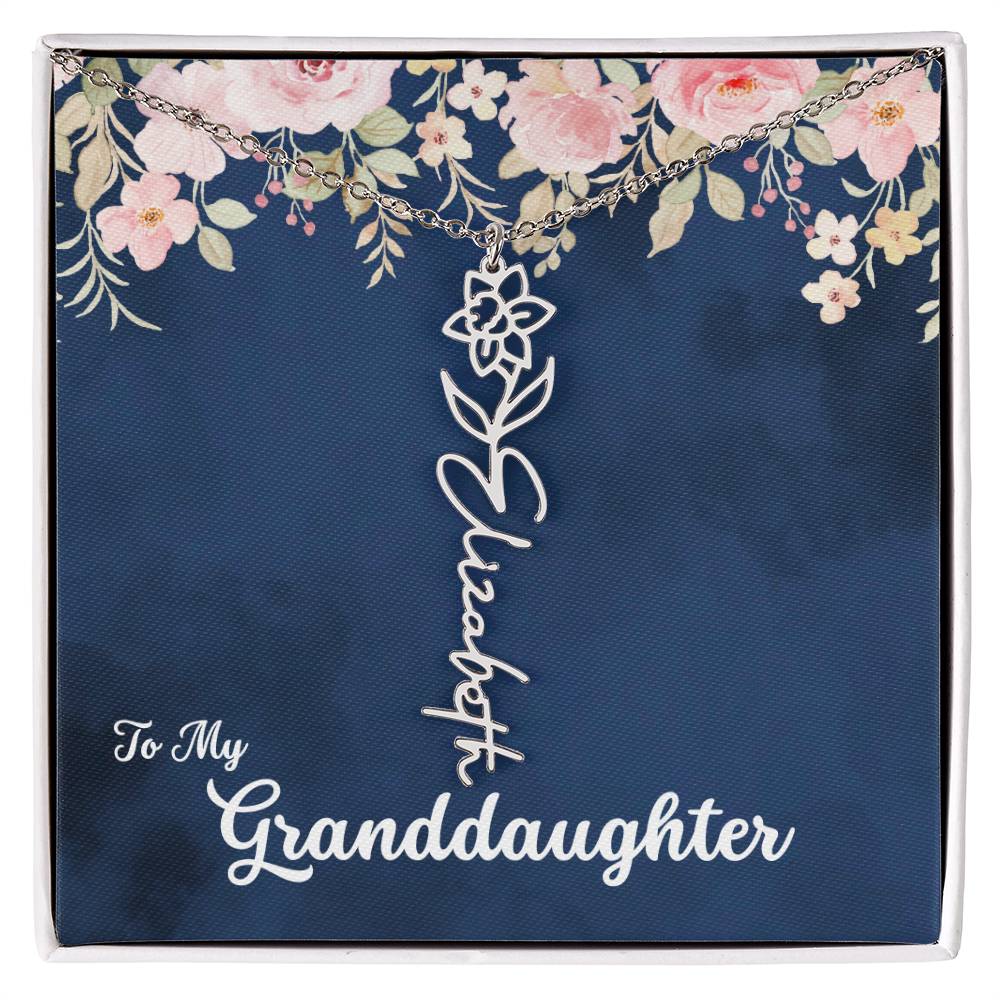 To My Granddaughter Personalized Birth Flower Necklace, Customize with Birth Month Flower and Name - Navy with Soft Pink Flowers - Get Deerty