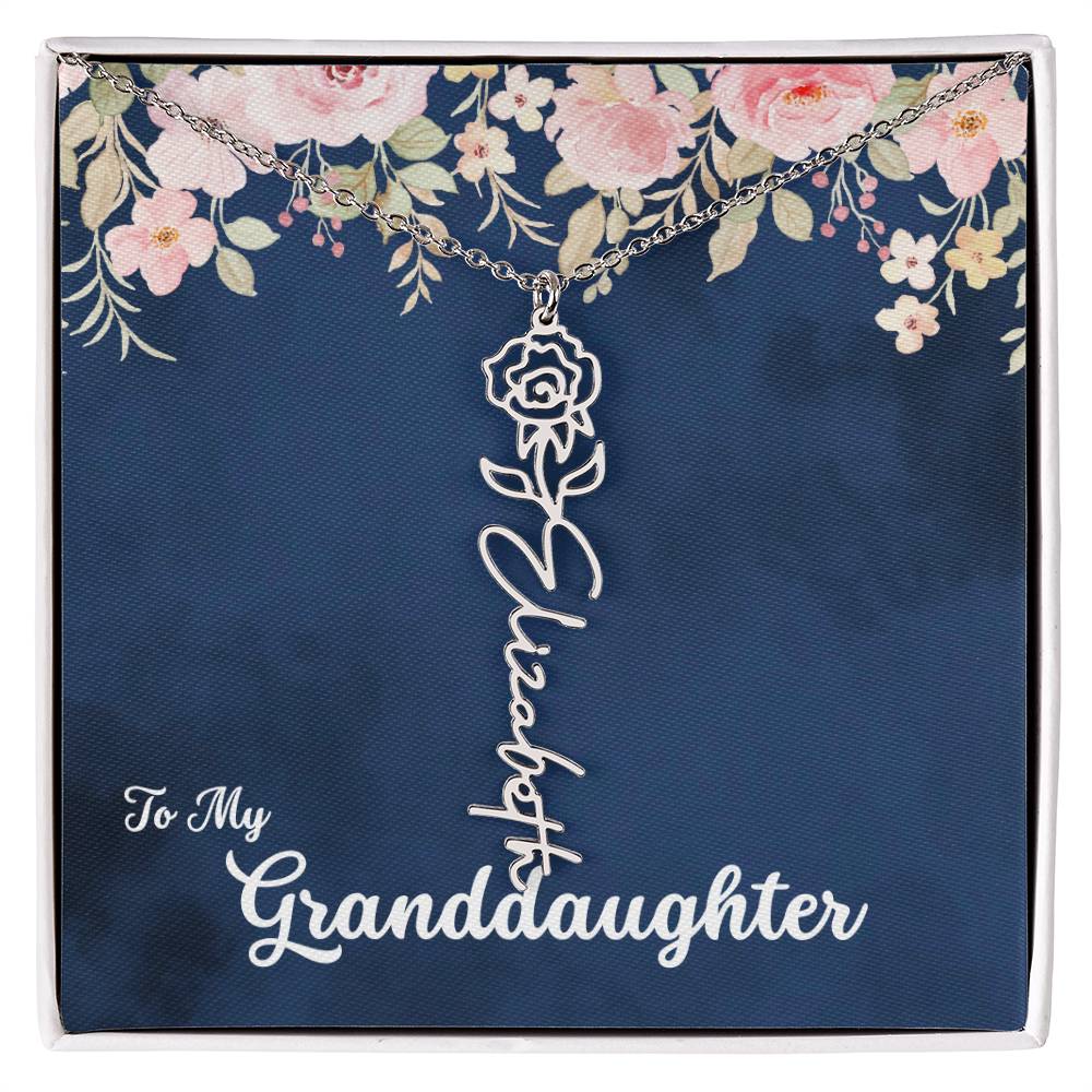 To My Granddaughter Personalized Birth Flower Necklace, Customize with Birth Month Flower and Name - Navy with Soft Pink Flowers - Get Deerty