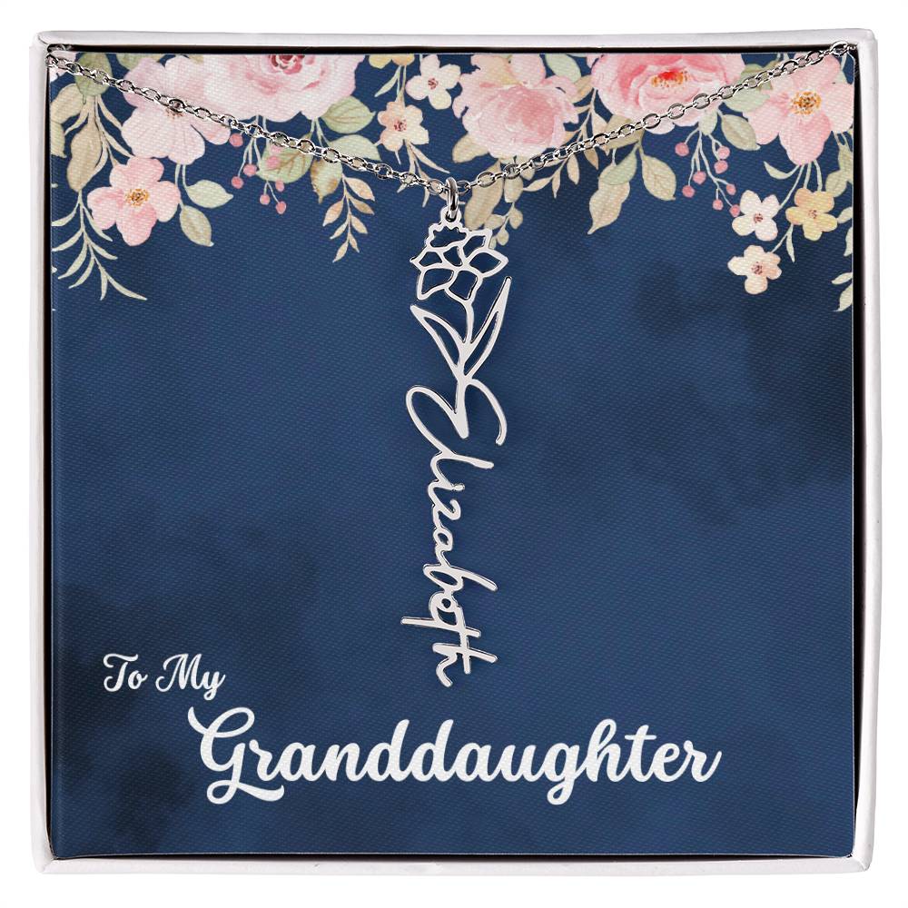 To My Granddaughter Personalized Birth Flower Necklace, Customize with Birth Month Flower and Name - Navy with Soft Pink Flowers - Get Deerty