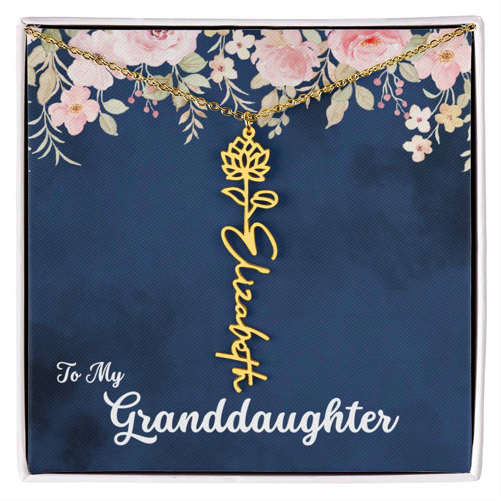 To My Granddaughter Personalized Birth Flower Necklace, Customize with Birth Month Flower and Name - Navy with Soft Pink Flowers - Get Deerty