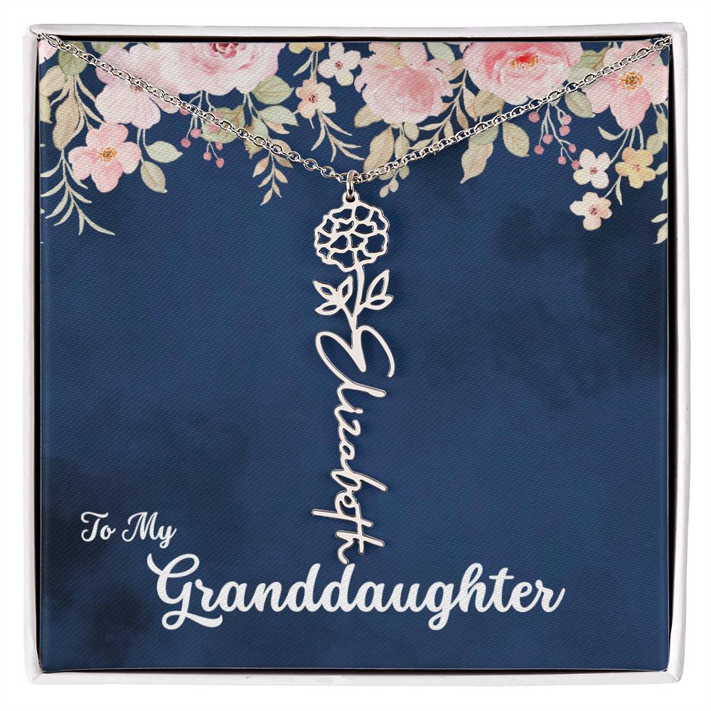 To My Granddaughter Personalized Birth Flower Necklace, Customize with Birth Month Flower and Name - Navy with Soft Pink Flowers - Get Deerty