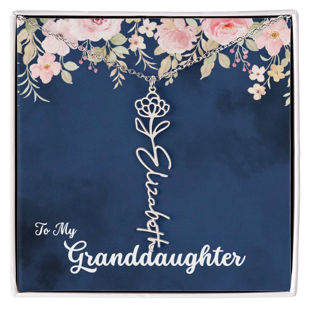 To My Granddaughter Personalized Birth Flower Necklace, Customize with Birth Month Flower and Name - Navy with Soft Pink Flowers - Get Deerty
