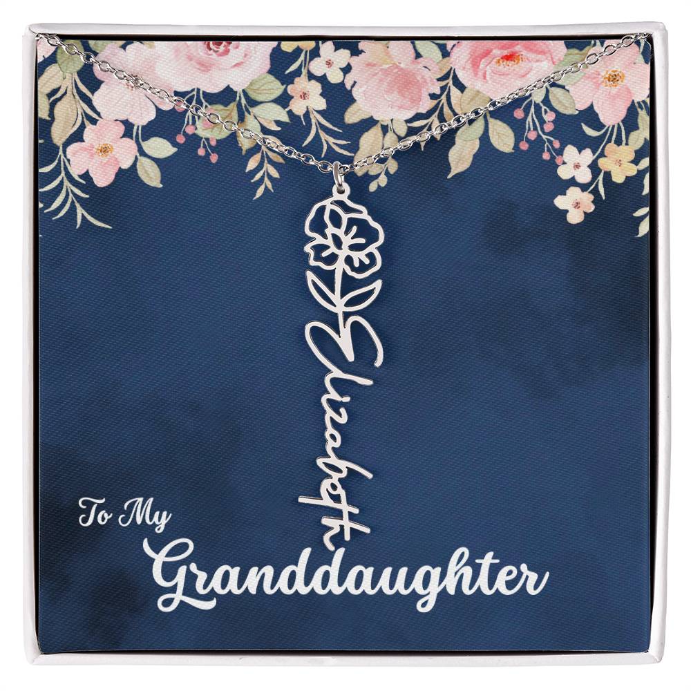 To My Granddaughter Personalized Birth Flower Necklace, Customize with Birth Month Flower and Name - Navy with Soft Pink Flowers - Get Deerty