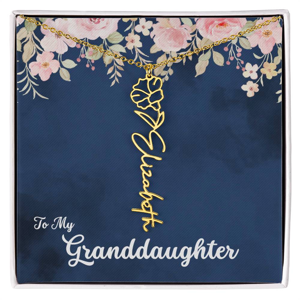 To My Granddaughter Personalized Birth Flower Necklace, Customize with Birth Month Flower and Name - Navy with Soft Pink Flowers - Get Deerty