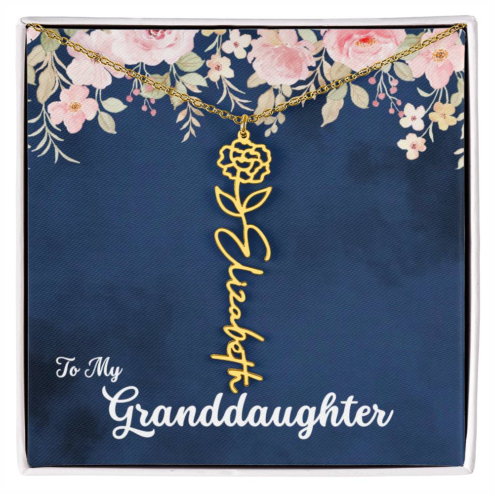 To My Granddaughter Personalized Birth Flower Necklace, Customize with Birth Month Flower and Name - Navy with Soft Pink Flowers - Get Deerty