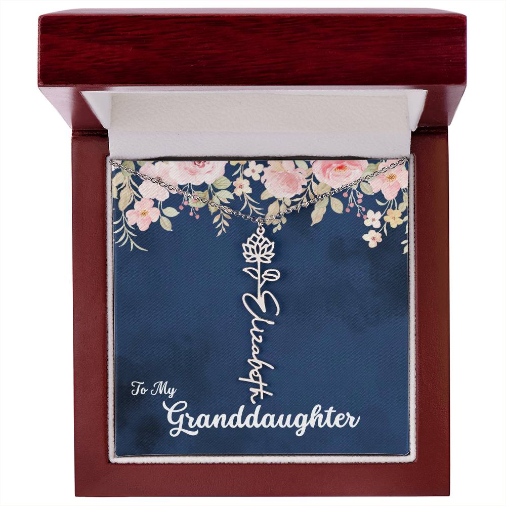 To My Granddaughter Personalized Birth Flower Necklace, Customize with Birth Month Flower and Name - Navy with Soft Pink Flowers - Get Deerty