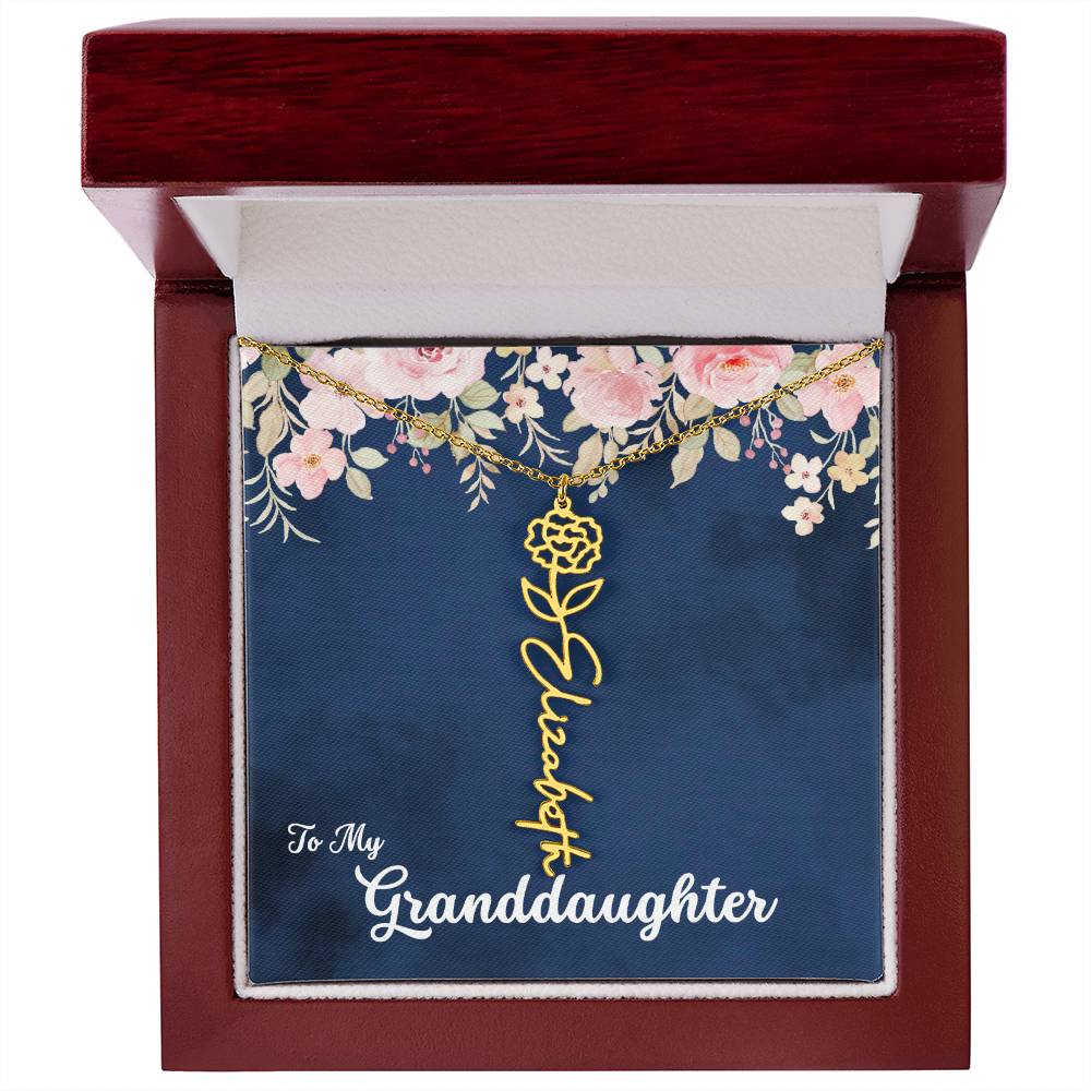 To My Granddaughter Personalized Birth Flower Necklace, Customize with Birth Month Flower and Name - Navy with Soft Pink Flowers - Get Deerty