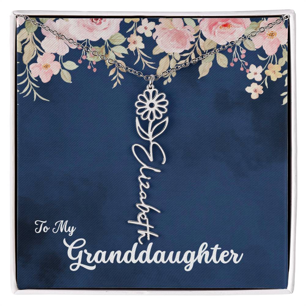 To My Granddaughter Personalized Birth Flower Necklace, Customize with Birth Month Flower and Name - Navy with Soft Pink Flowers - Get Deerty
