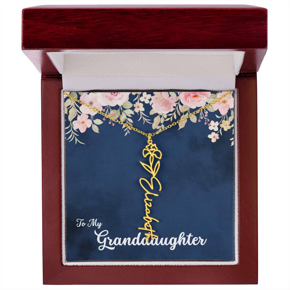 To My Granddaughter Personalized Birth Flower Necklace, Customize with Birth Month Flower and Name - Navy with Soft Pink Flowers - Get Deerty