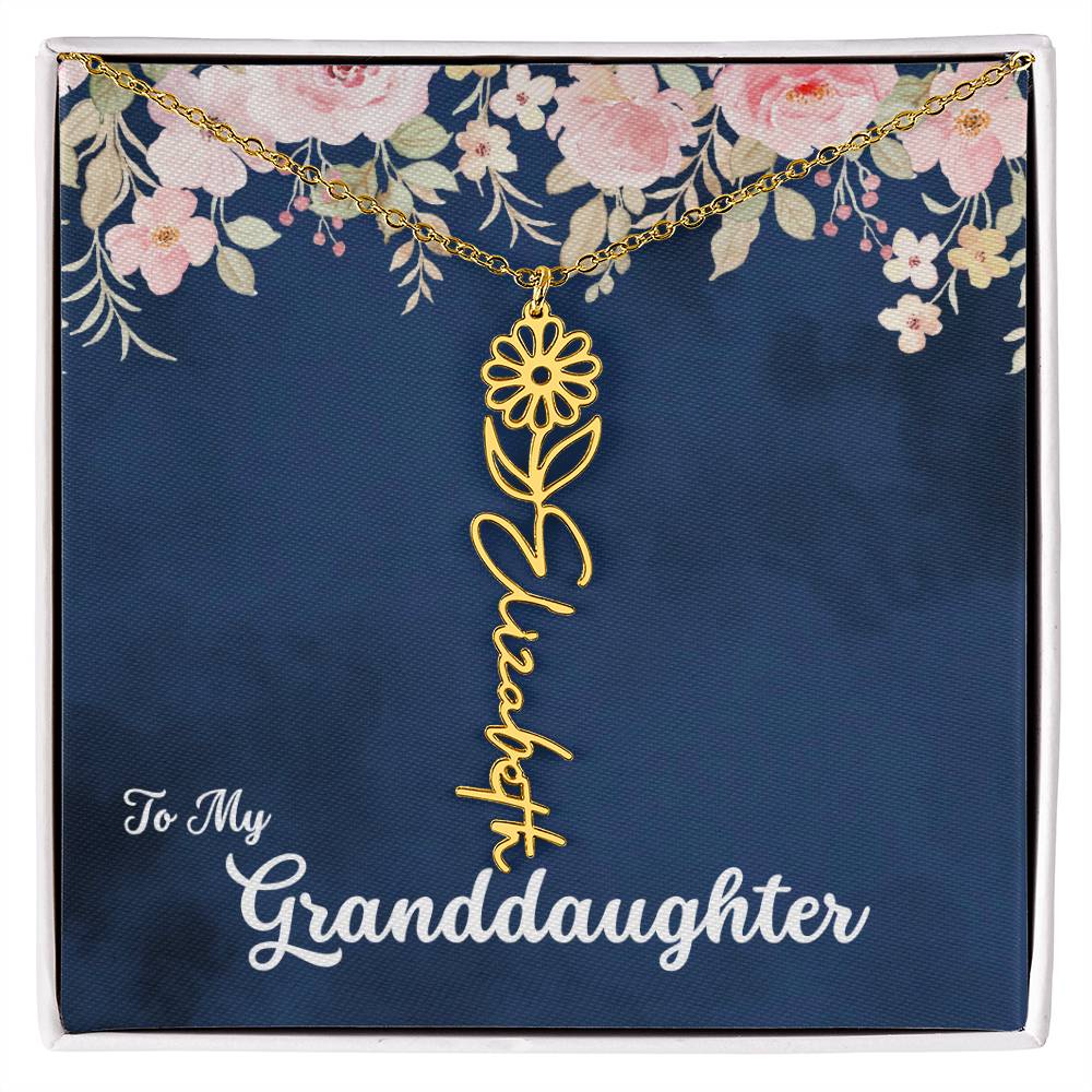 To My Granddaughter Personalized Birth Flower Necklace, Customize with Birth Month Flower and Name - Navy with Soft Pink Flowers - Get Deerty