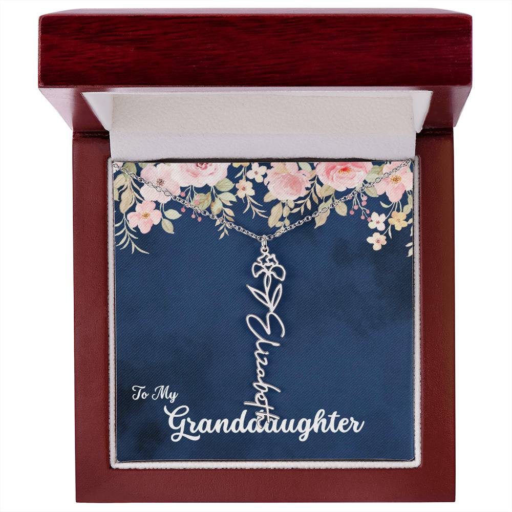 To My Granddaughter Personalized Birth Flower Necklace, Customize with Birth Month Flower and Name - Navy with Soft Pink Flowers - Get Deerty