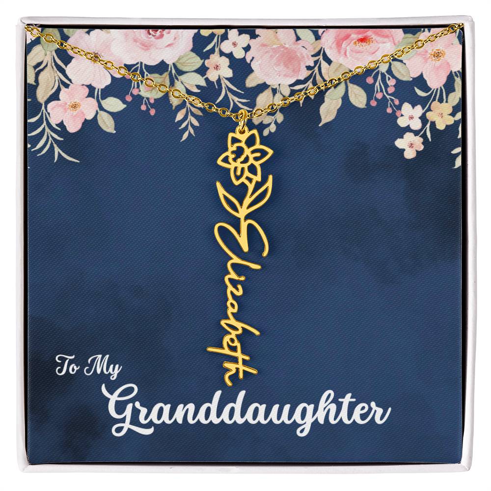 To My Granddaughter Personalized Birth Flower Necklace, Customize with Birth Month Flower and Name - Navy with Soft Pink Flowers - Get Deerty