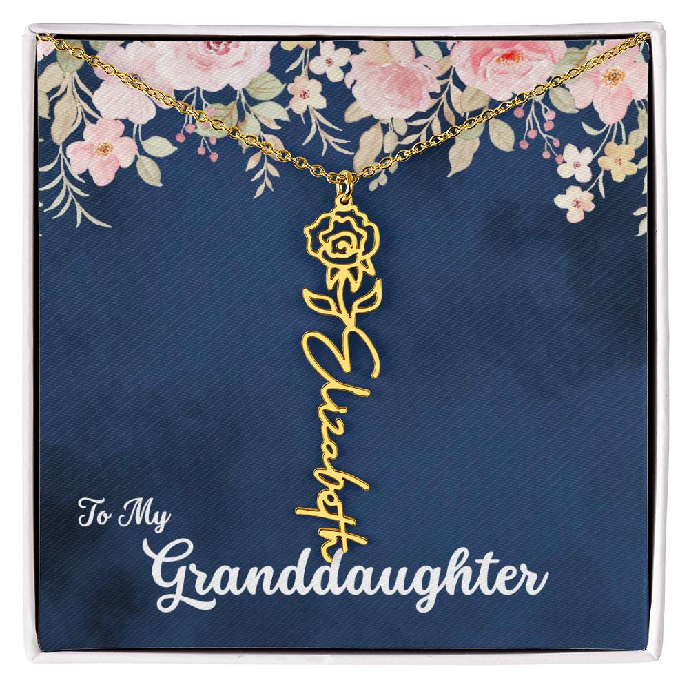 To My Granddaughter Personalized Birth Flower Necklace, Customize with Birth Month Flower and Name - Navy with Soft Pink Flowers - Get Deerty