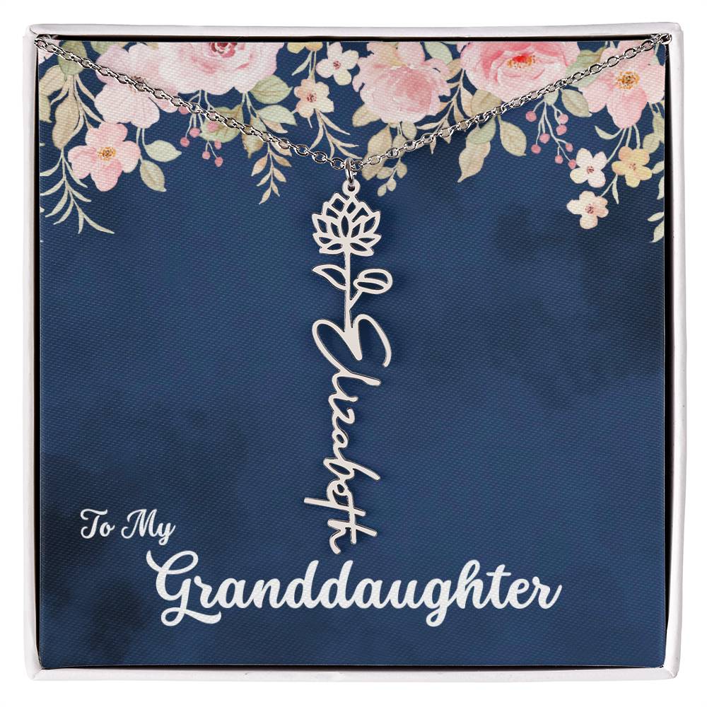 To My Granddaughter Personalized Birth Flower Necklace, Customize with Birth Month Flower and Name - Navy with Soft Pink Flowers - Get Deerty