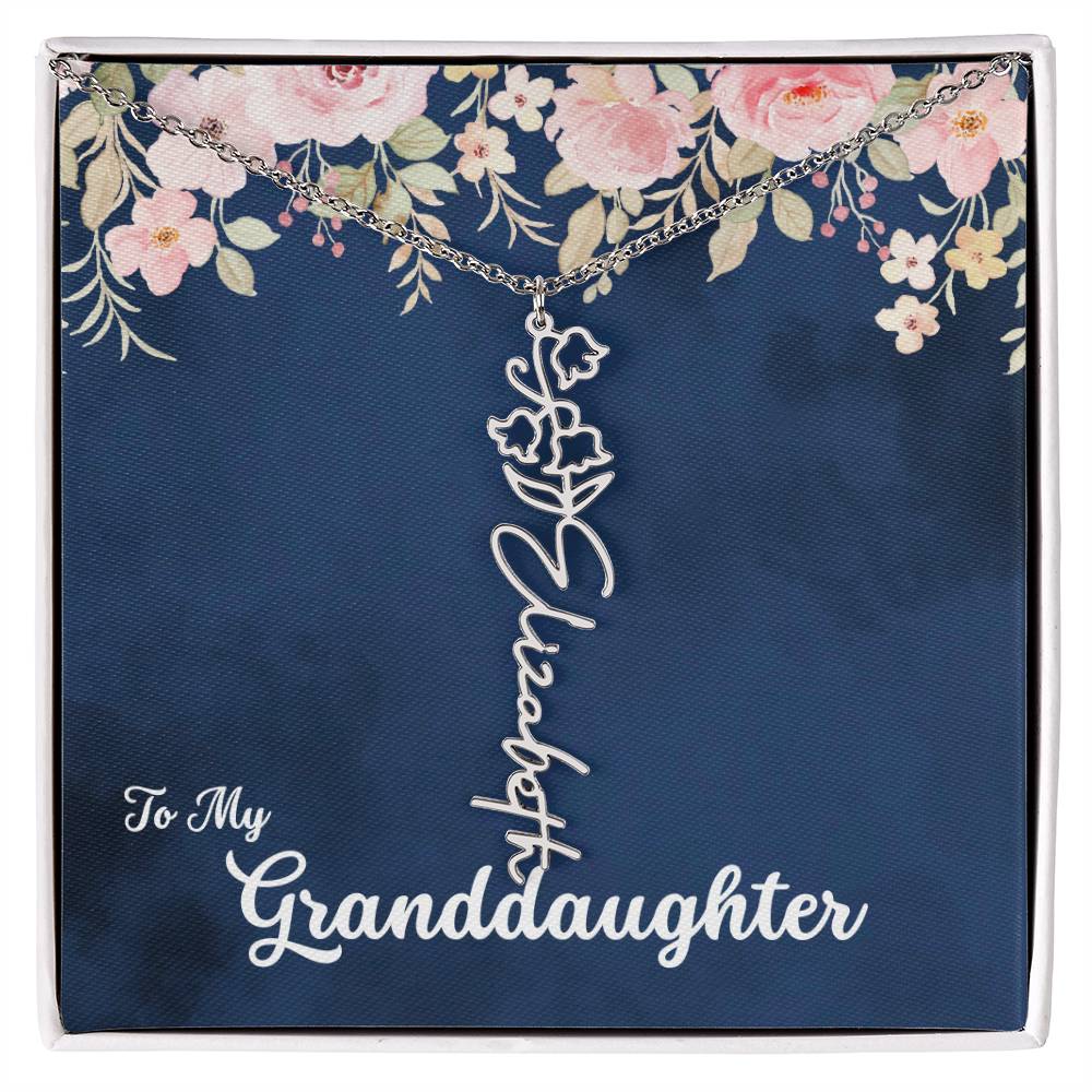 To My Granddaughter Personalized Birth Flower Necklace, Customize with Birth Month Flower and Name - Navy with Soft Pink Flowers - Get Deerty