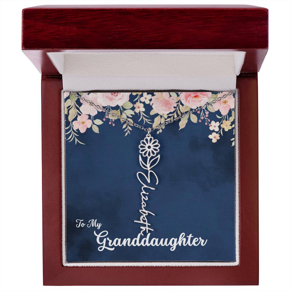 To My Granddaughter Personalized Birth Flower Necklace, Customize with Birth Month Flower and Name - Navy with Soft Pink Flowers - Get Deerty