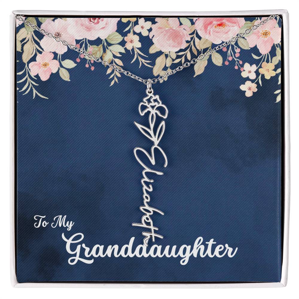 To My Granddaughter Personalized Birth Flower Necklace, Customize with Birth Month Flower and Name - Navy with Soft Pink Flowers - Get Deerty